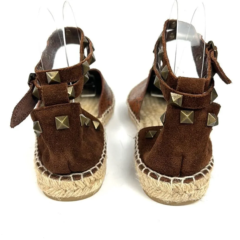 ASH Spain Rockstud Leather Suede Flat Espadrilles Brown Piton Print 37 US 6,5